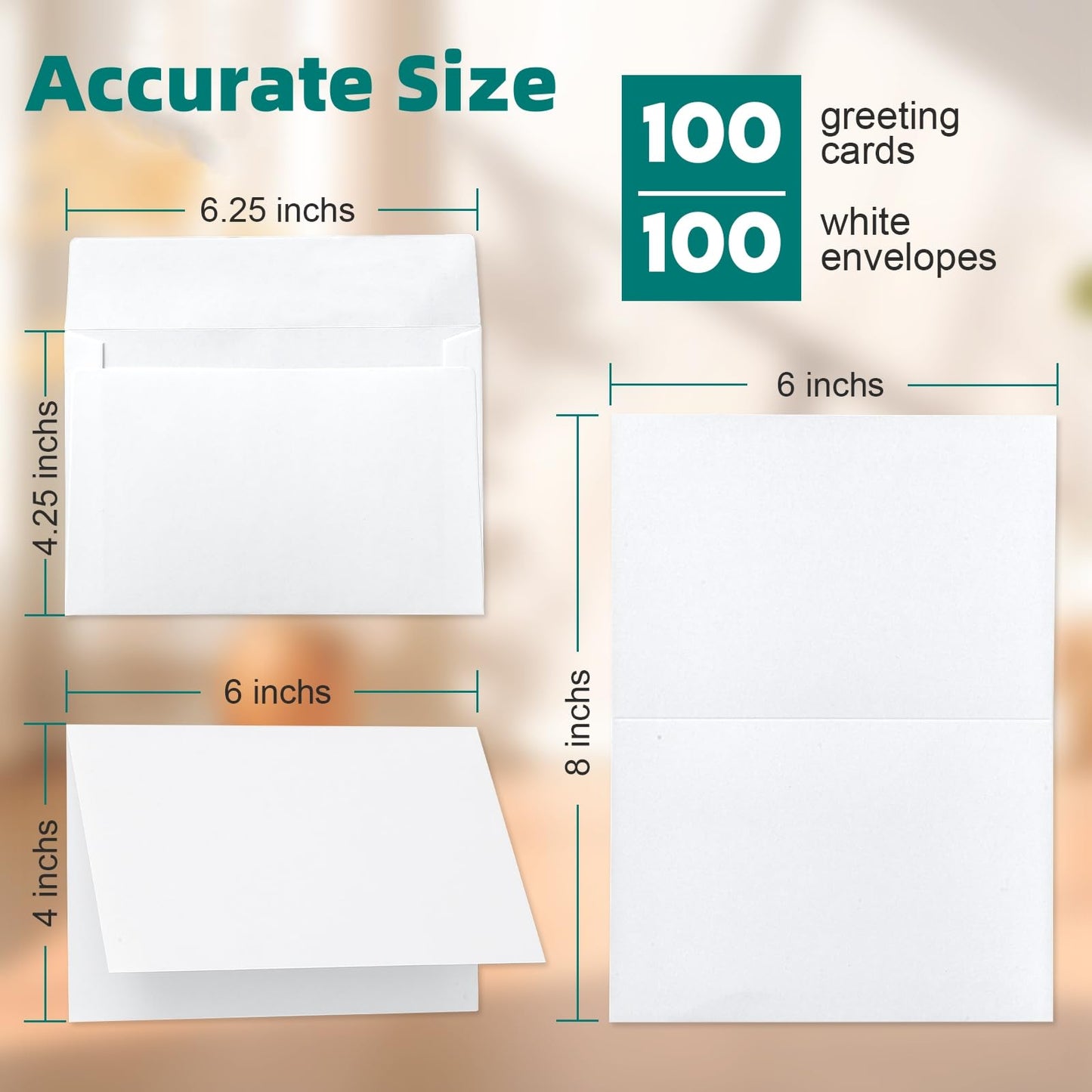 100 Pack White Blank Cards and 100 Pack Envelopes 4x6, Note Greeting Cards and Envelopes Set, Folded Cardstock with Self-Seal Envelope for DIY Greeting Thank you Cards, Invitations in All Occasions
