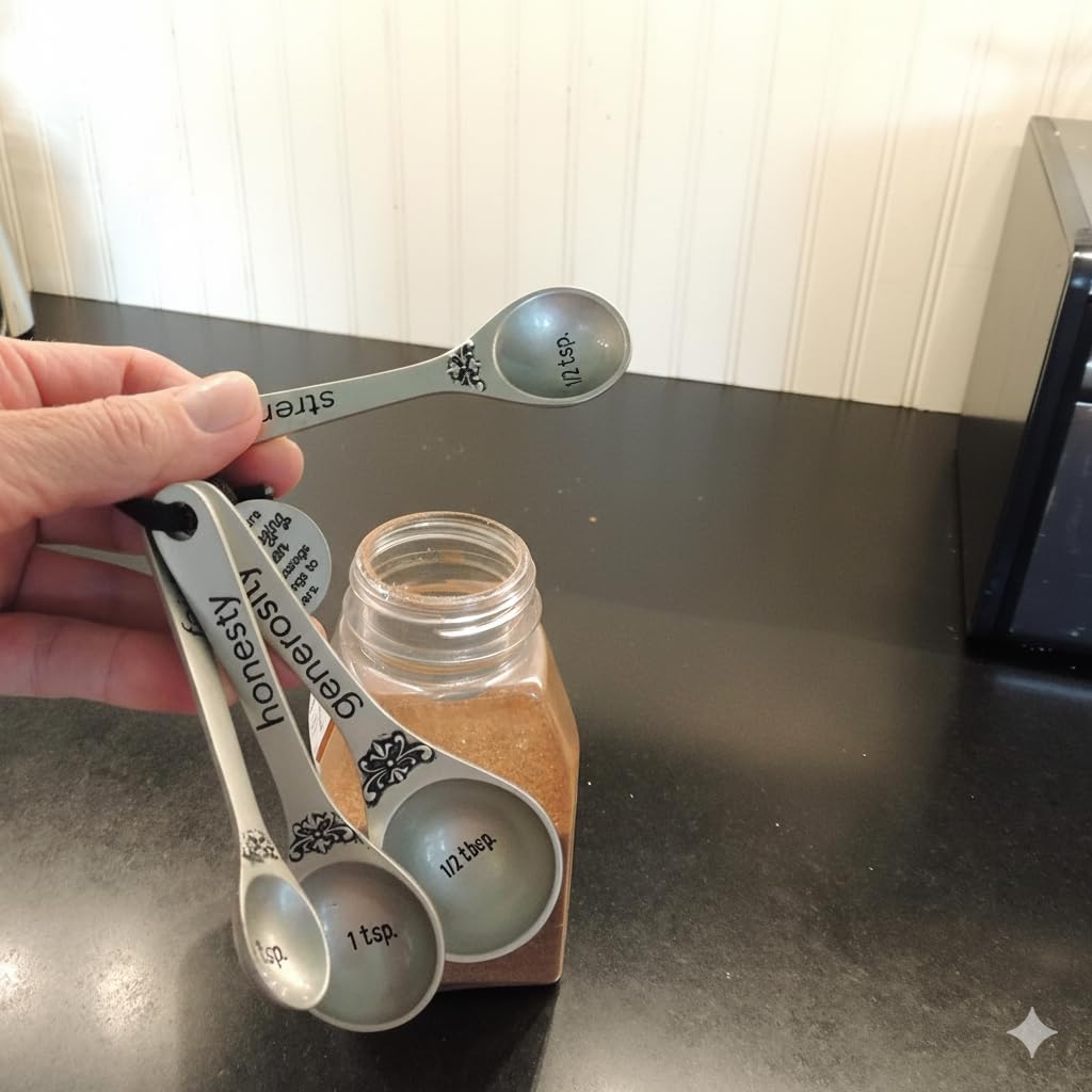 Amazing Woman Measuring Spoon Set, Decorative Gifts and Kitchen Accessories, 4 Spoons, Engraved Pewter and Silver Enamel, By Abbey & CA Gift