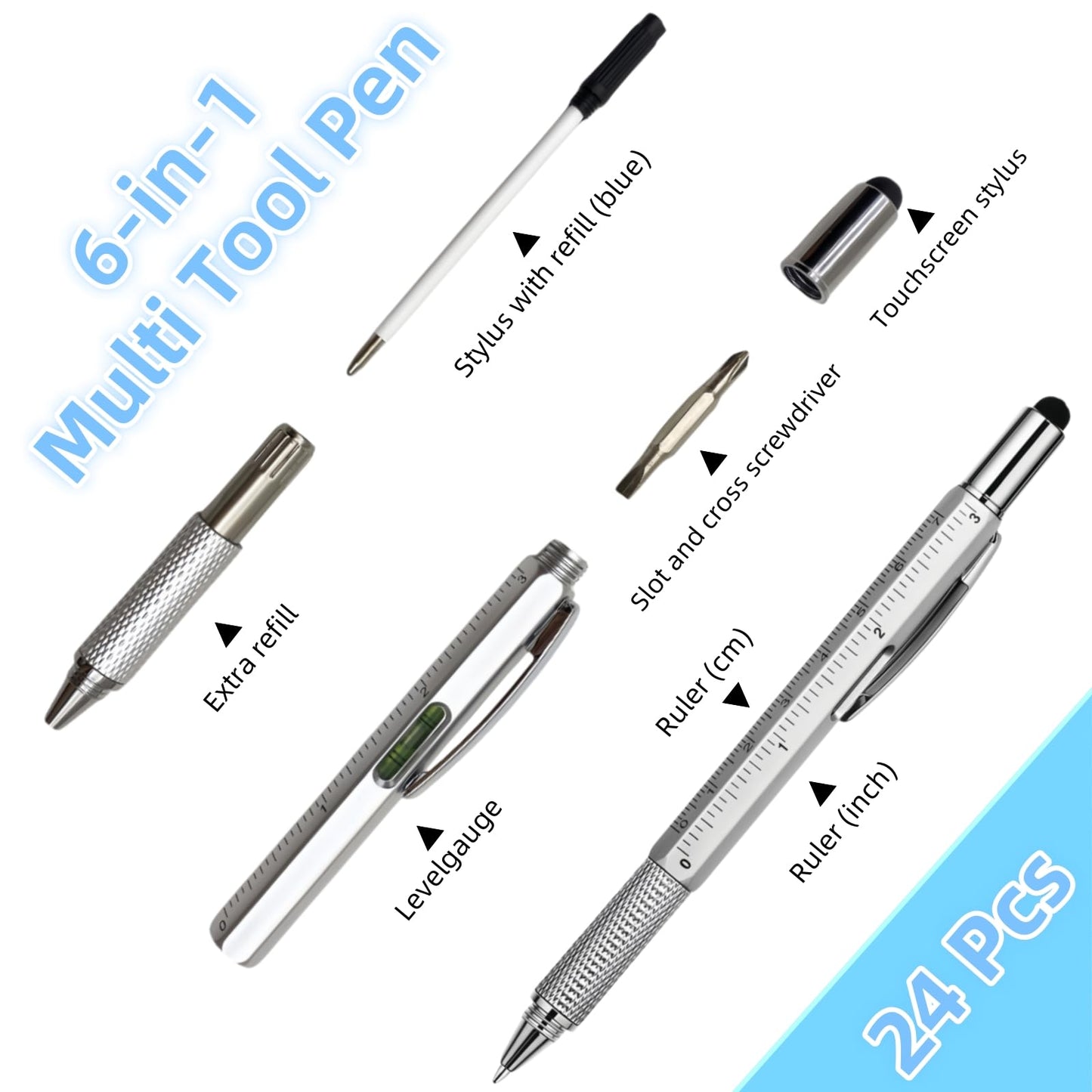 Limxia 24 Pcs 6 in 1 Multitool Pen, Gifts for Men Fathers Day, Christmas Gifts for Men and 24 Pcs Blue Replacement Refills, Silver