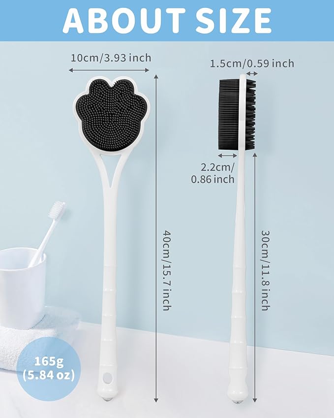 Manmihealth 15.7" Cute Back Scrubber & Soft Silicone Shower Brush Face Scrubber Set (3 PCS), Paw-Shaped Silicone Back Brush & Body Facial Scrubber with Super-Soft Bristles Combination(BlackSet)