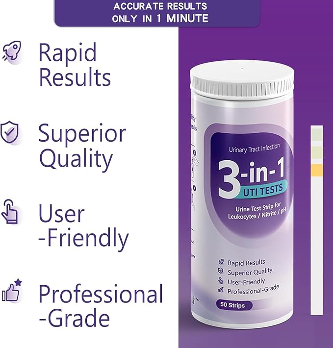 UTI Test Strips - 3-in-1 Advanced Urinary Tract Infection Home Testing Testing Kit Detection with Accurate Leukocytes, Nitrite, and PH Readings, Simple at-Home Urine Test Strips, 50ct