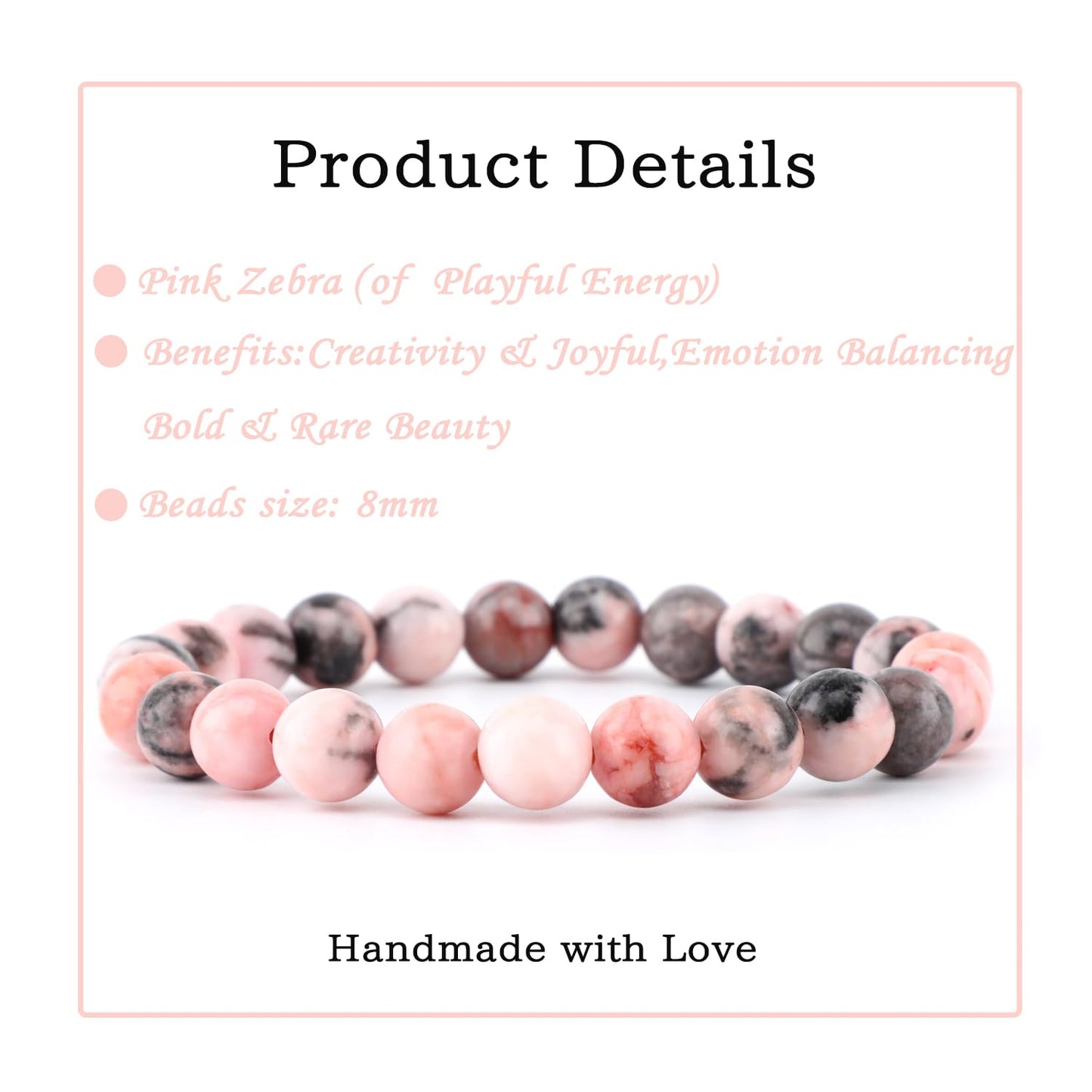 Bymitel 8mm Pink Zebra - Handmade Reiki Gemstone Stretch Bracelet, Natural Beauty & Spiritual Essence, Crystal Healing for Unisex Adults