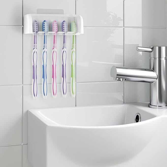 5 Slots Wall Mount Toothbrush Holder with Cover, Self Adhesive Toothbrush Storage Organizer for Shower, Toothbrush Hanger for Bathroom, Medicine Cabinet, Dorm