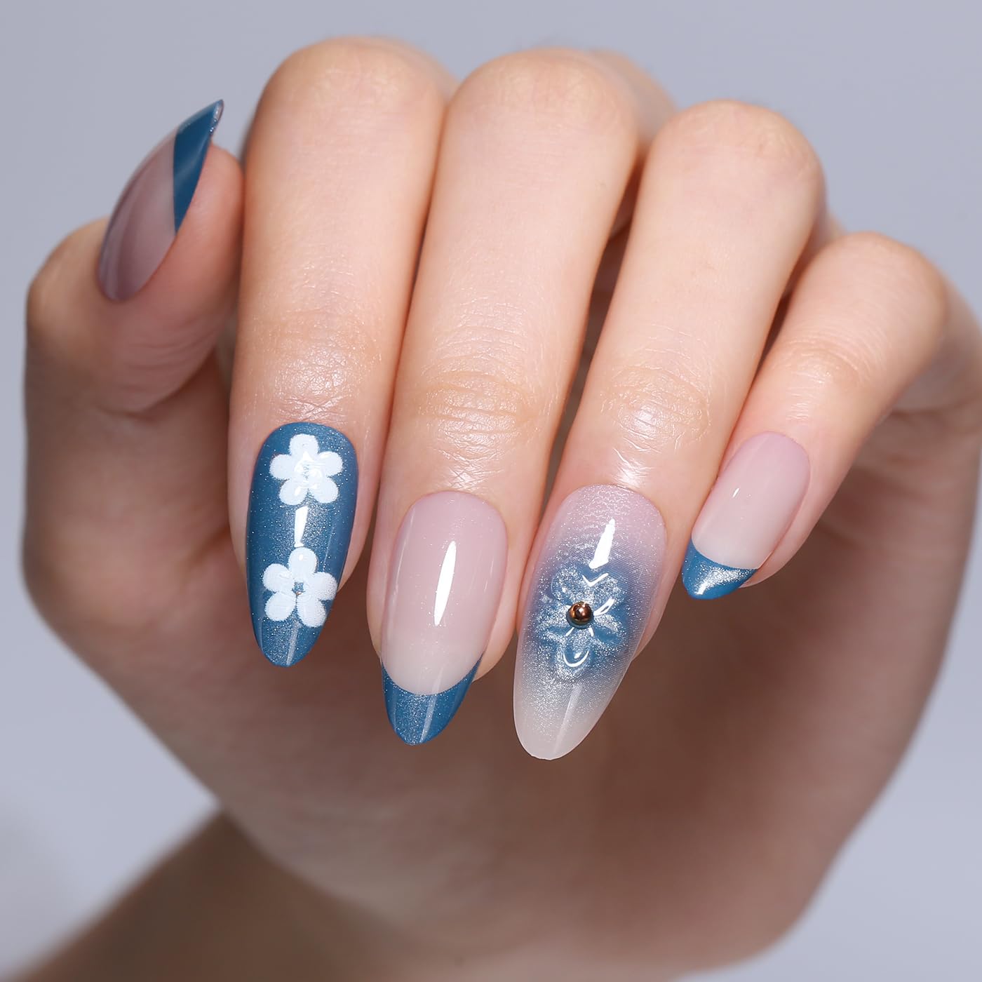 Goolich Glitter Navy Blue French Tip Press On Nails Medium Almond, Bead with 3D Floral Nails Press ons Set with Adhesive Tabs, 24 Pcs 12 Size Reusable Full Cover Glue on Nails for Women