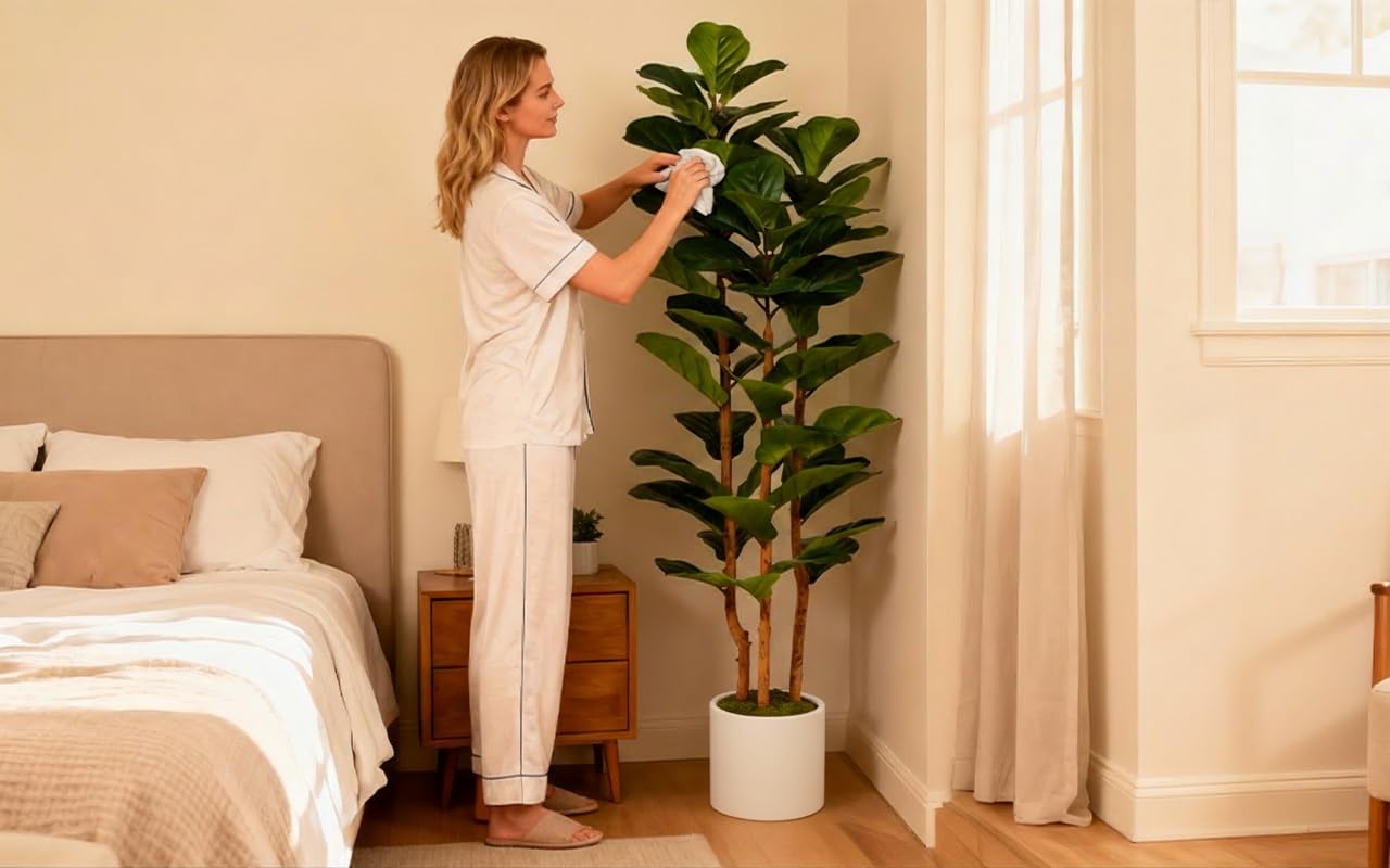 Artificial Fiddle Leaf Fig Tree 6FT with White Tall Planter-Large Faux Tree Tall Fake Floor Plant in Pot,Artificial Plants Indoor for Home Office Living Room Décor(Lyrata 6FT)