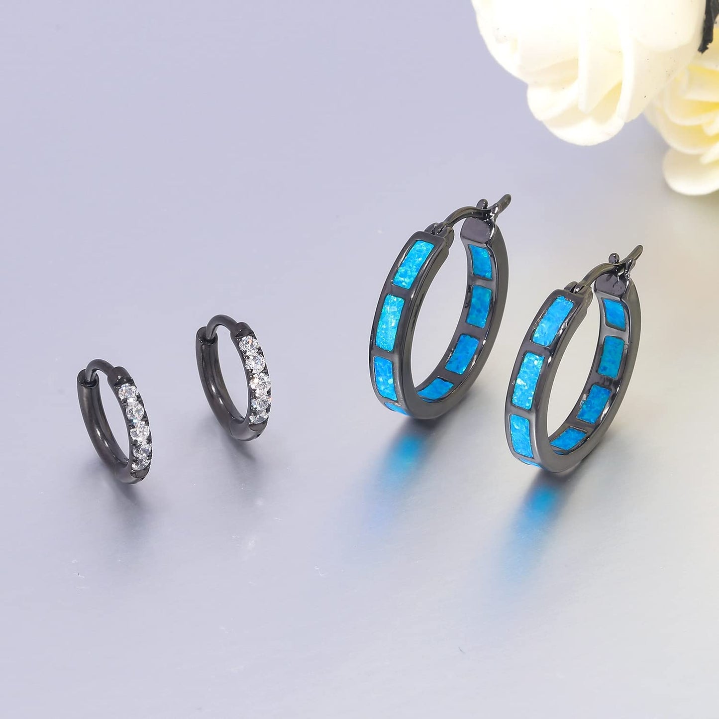 CiNily 2 Pairs Hoop Earring Set for Women Black Gold Plated Blue Opal Small Hoop Earring Hypoallergenic Cubic Zirconia Tiny Earrings