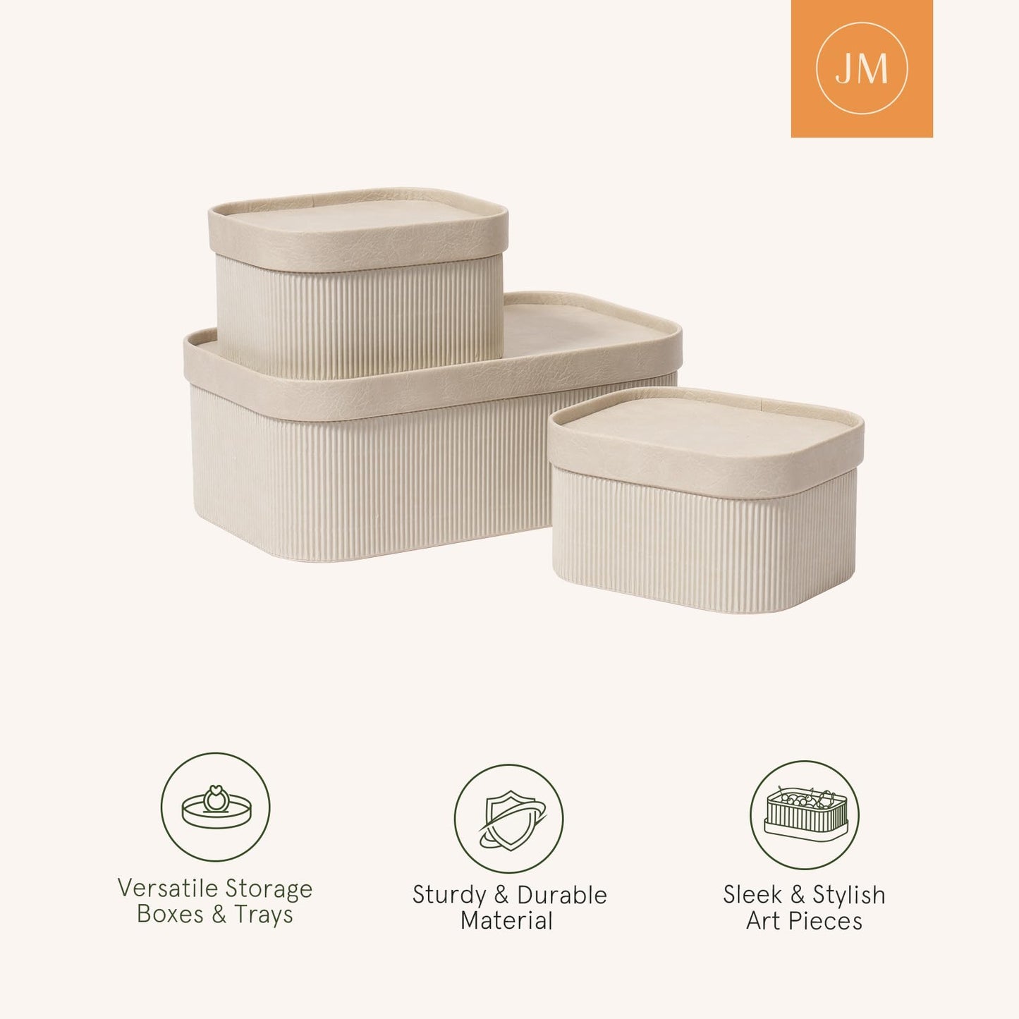 La Jolie Maison Fluted Cardboard Storage Baskets with Leather-Like Lids, Sturdy Stackable Paper Boxes Decorative Tray,Set of 3 Ivory