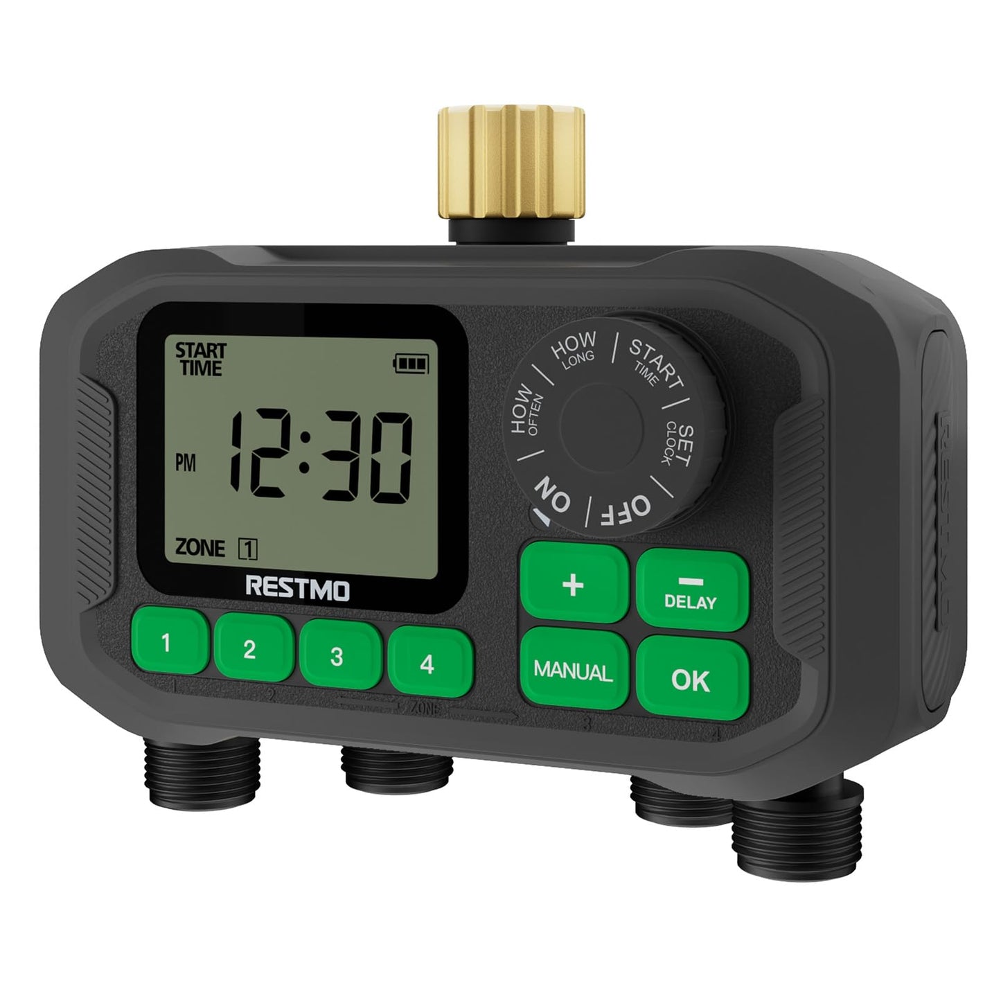 RESTMO Sprinkler Timer for Outdoor Hose Faucet 4 Zone, Up to 11h59m Programmable Watering Timer for Soaker Hose, Misting with Brass Inlet & Large Dial, Rain Delay/Manual/Automatic Irrigation System