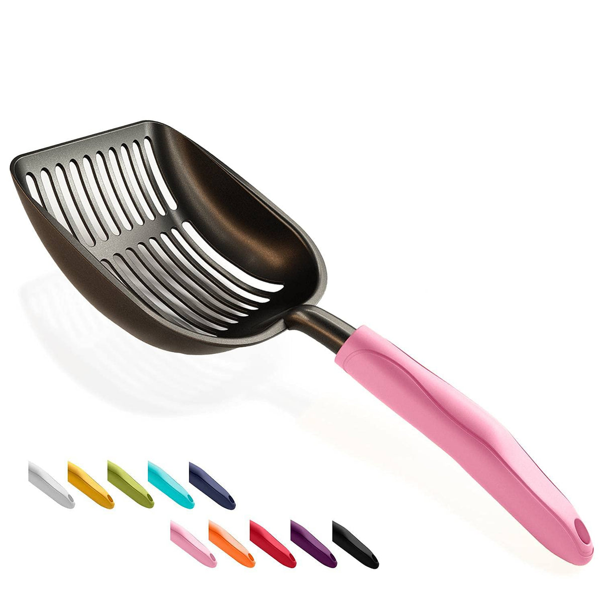 WePet Cat Litter Scoop, Non-Stick Plated Aluminum Alloy Sifter, Kitty Durable Metal Scooper, Deep Shovel, Long Handle, Kitten Pooper Lifter, Size Large, Coated Black Body with Pink Handle