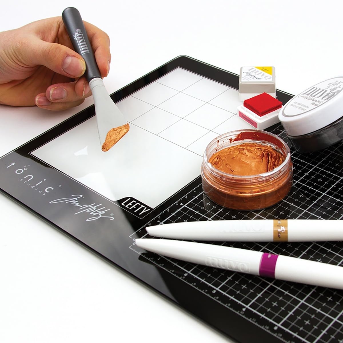 Tim Holtz Travel Glass Cutting Mat - Left Handed Portable Work Surface with 8x8 Measuring Grid and Palette for Mixed Media - Art Supplies with Carry Case