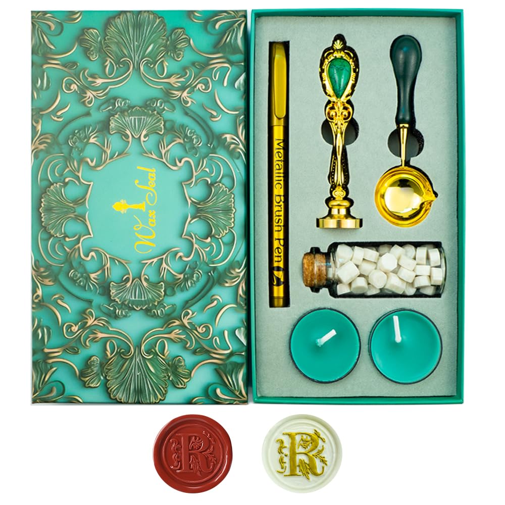 Letter Wax Seal Stamp, Ioggtser Alphabet R Wax Seal Stamp Set Including 1Pcs Copper Head with Iron Handle, 60 Pcs Wax Seal Beads, 1Pcs Wooden Melting Spoon, 2Pcs Candles, 1Pcs Wax Seal Pen