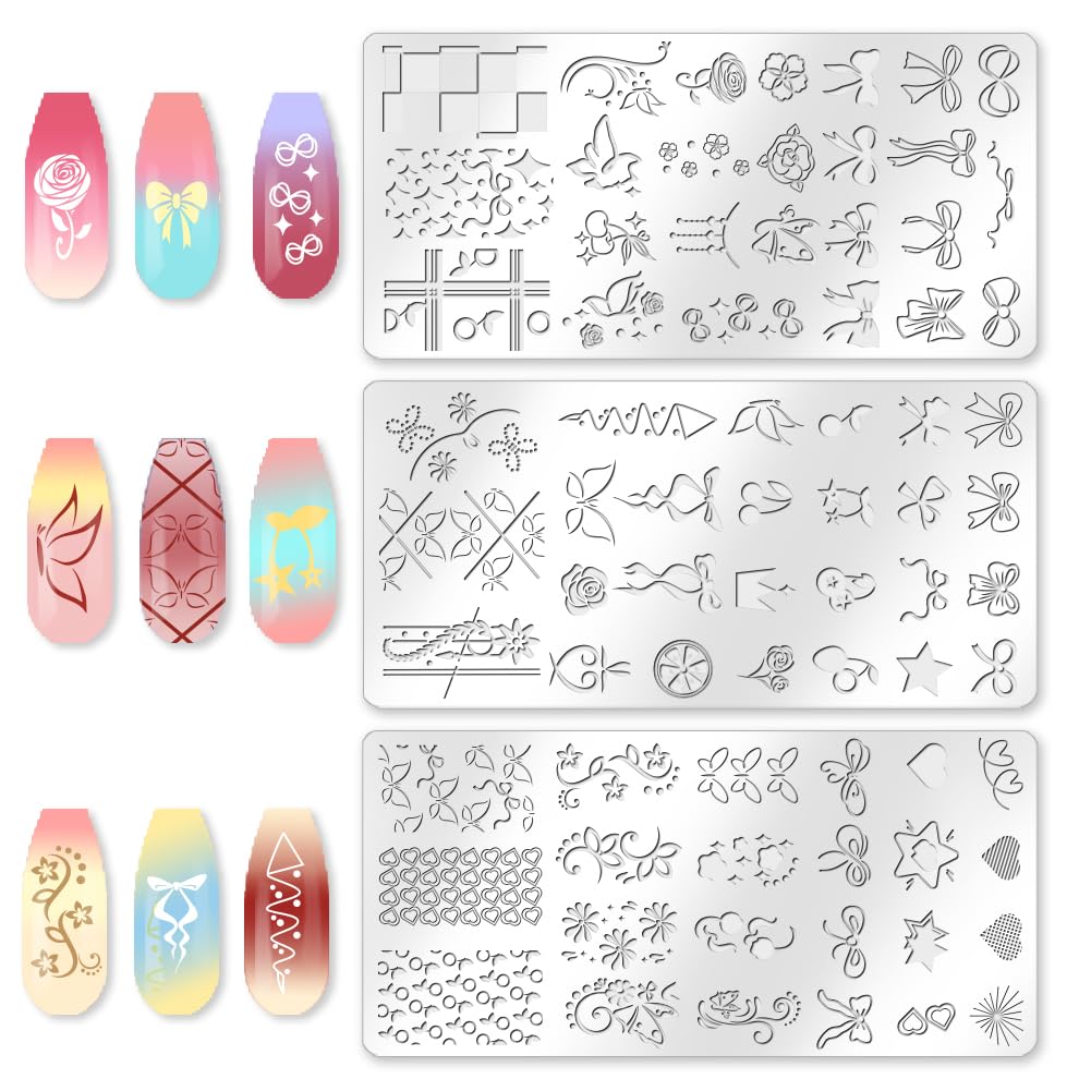 beinkmake 3Pcs Bow Nail Stamping Plate Set Butterfly Flower Cherry Nail Stamp Templates French Line Tip Stainless Steel DIY Reusable Tools with Stamper Scraper for Manicure Printing