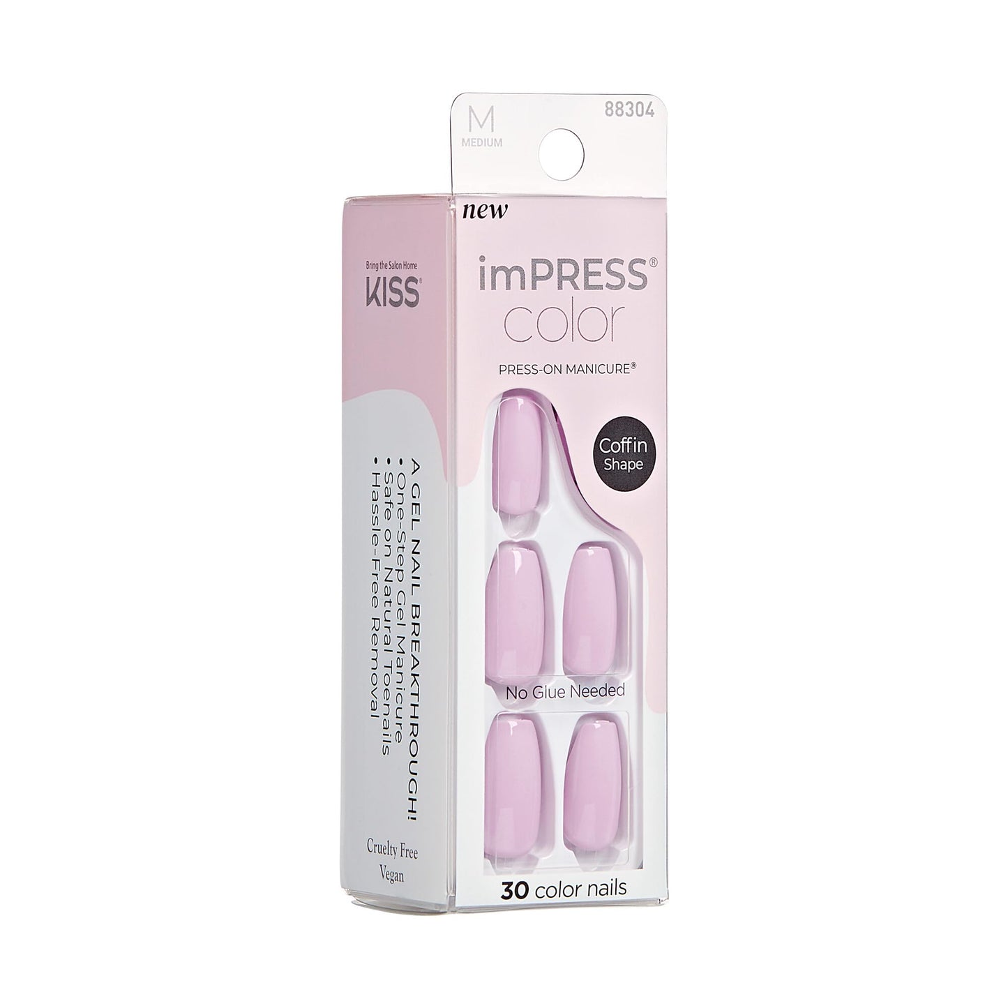 KISS Impress Color No Glue Mani 30 Pcs Press on Nails, Light Pink, Lavender, Medium Size, Coffin Shape, Simple Peel & Press Easy Apply, Hassle-Free Removal, Essential Tools Included