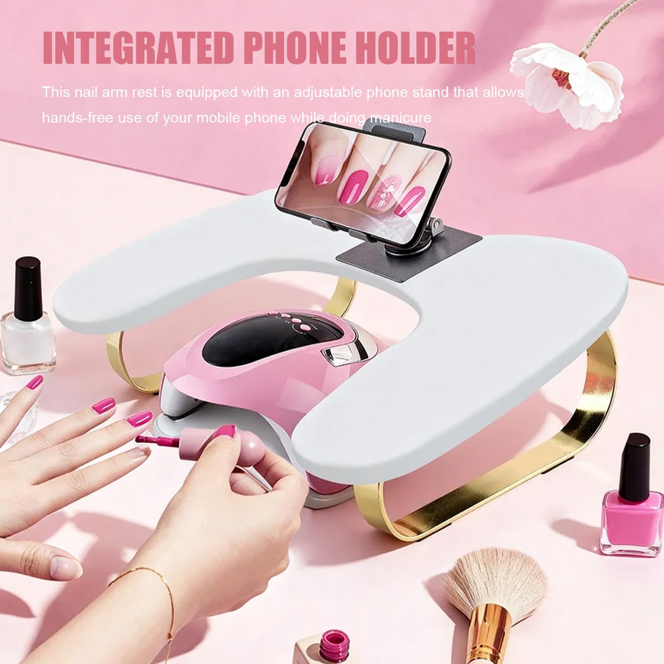 EHERDM Arm Rest for Nails Tech U-Shaped Hand Pillow with Rotating Adjustable Phone Holder Soft Comfortable Hands Cushion Manicure Tool for Home and Art Nail Salon