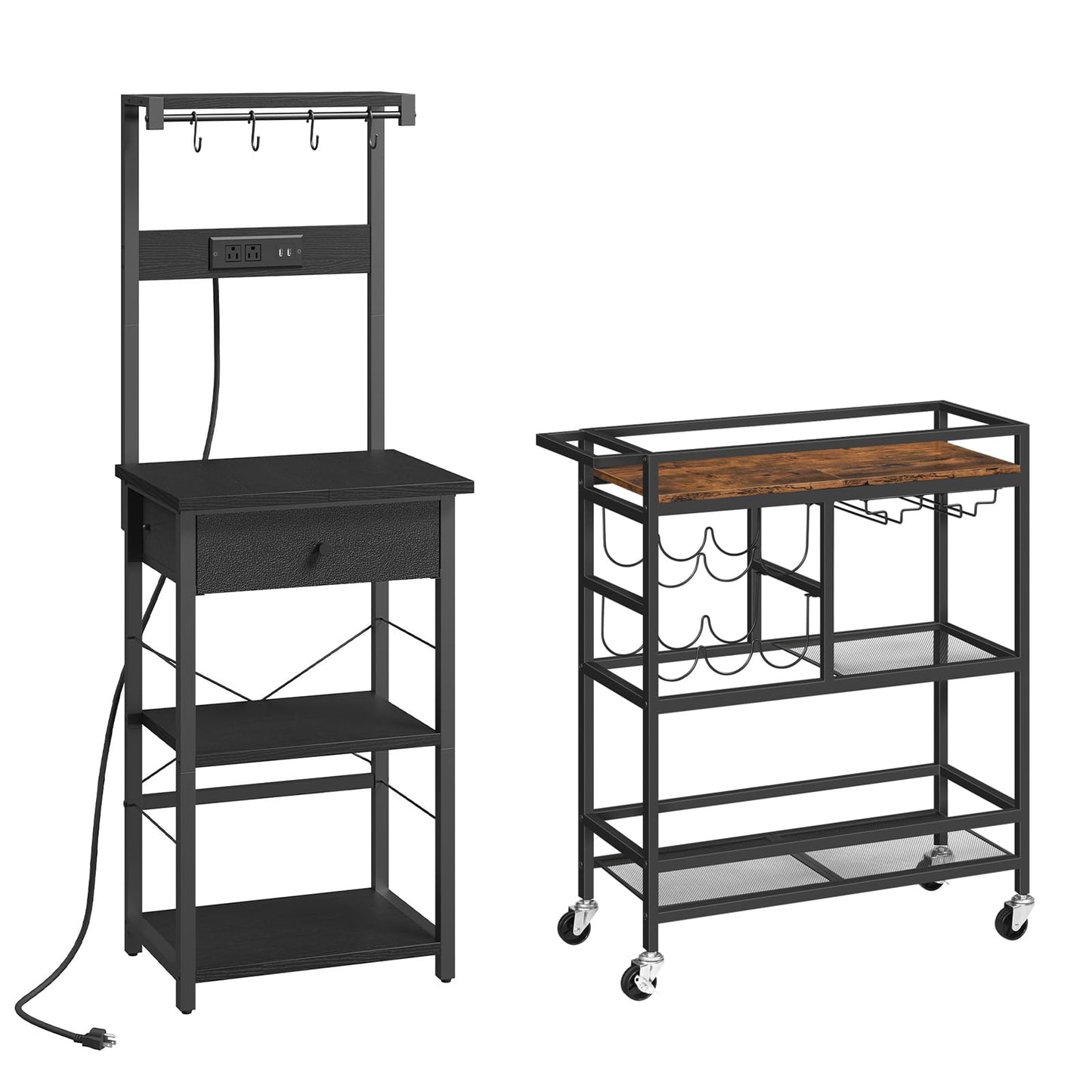 MAHANCRIS Bar Cart for Home and Bakers Rack with Drawer Bundle, Microwave Stand with Power Outlet, RCHR6101-BRBK48E01