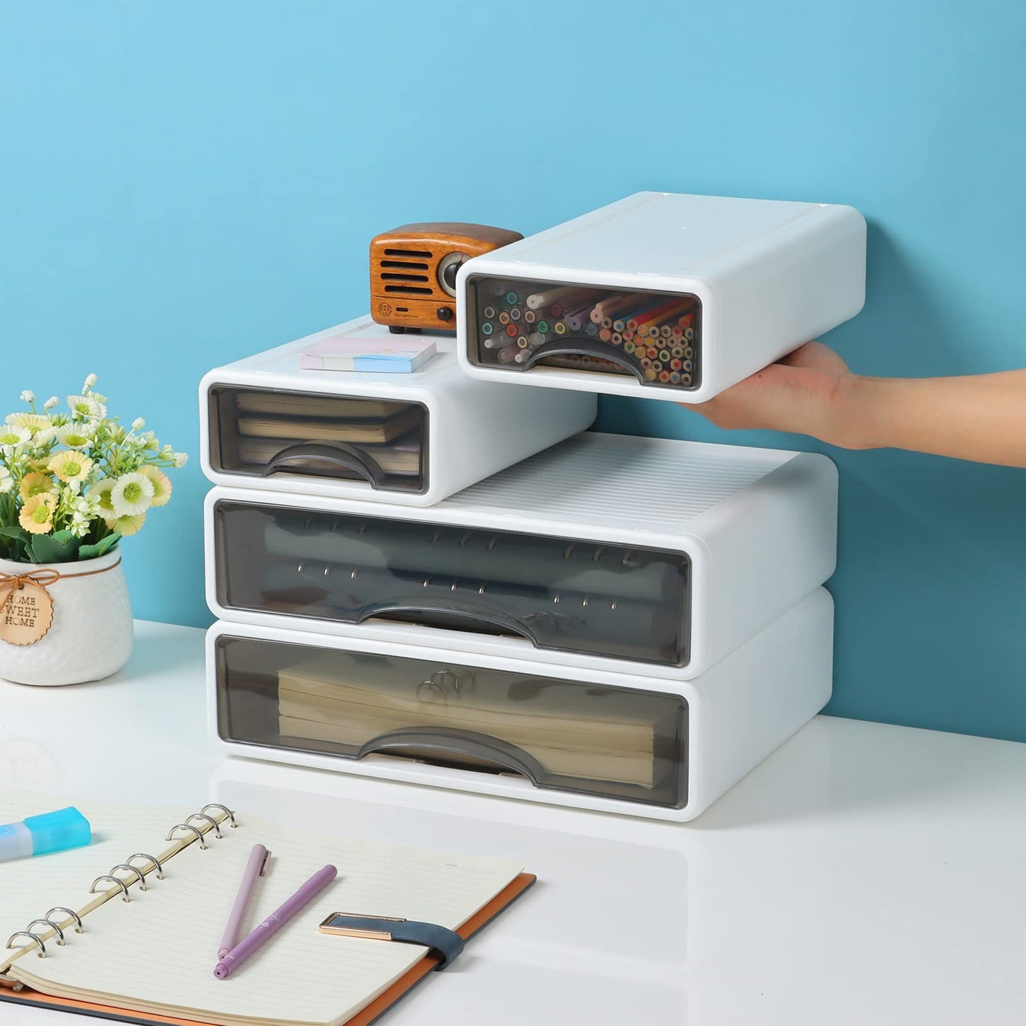OSteed White Desktop Drawers for Paper, Stackable Office Storage Drawers for Desk, Craft Organizer and Storage Bins, 4 Mixed Storage Container with Plastic Drawers for Office Supplies Desk accessories