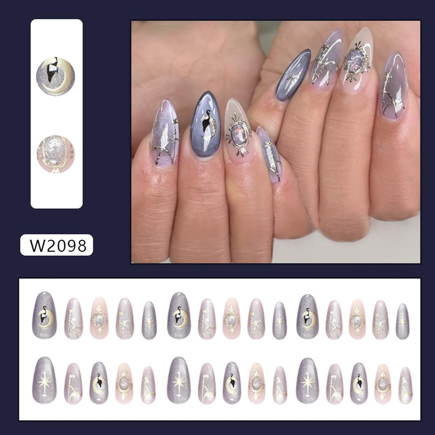 30Pcs Medium Almond Press on Nails Purple Magnetic Shimmer Designs Fake Nails Gold Star Moon False Nails Gold Irregular Lines Artificial Stick on Nails Glossy Full Cover Acrylic Glue on Nail for Women