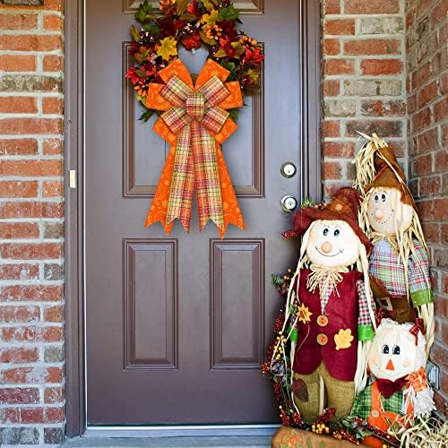 Large Fall Bows for Wreath, Thanksgiving Pumpkin Wreath Orange Buffalo Plaid for Front Door, Farmhouse Ornament Burlap Tree Topper for Fall Indoor Outdoor Decoration