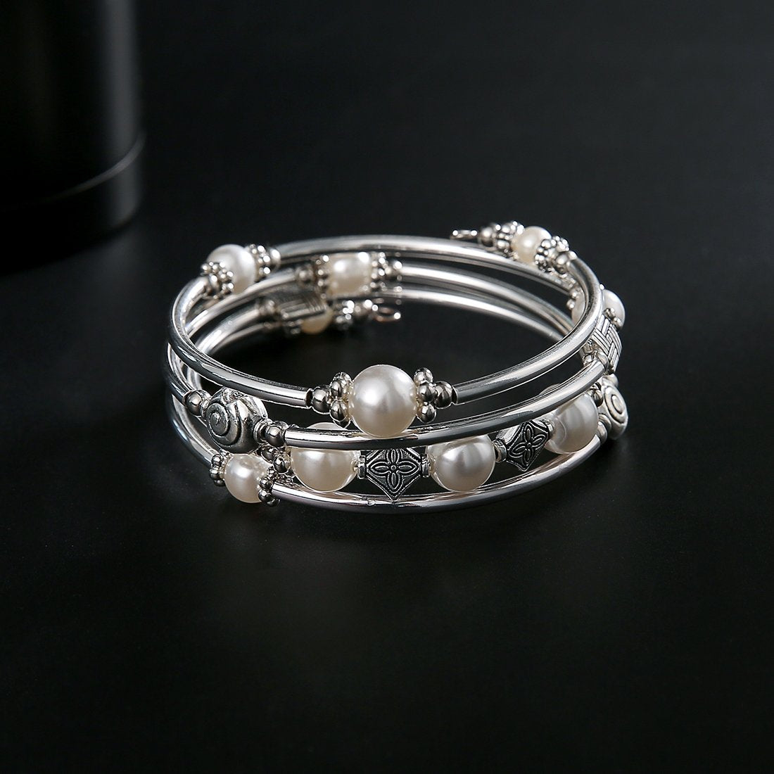 Beaded Pearl Bangle Wrap Bracelet - Fashion Bohemian Jewelry Multilayer Charm Bracelet with Thick Silver Metal Beads, Gift For Women(White)