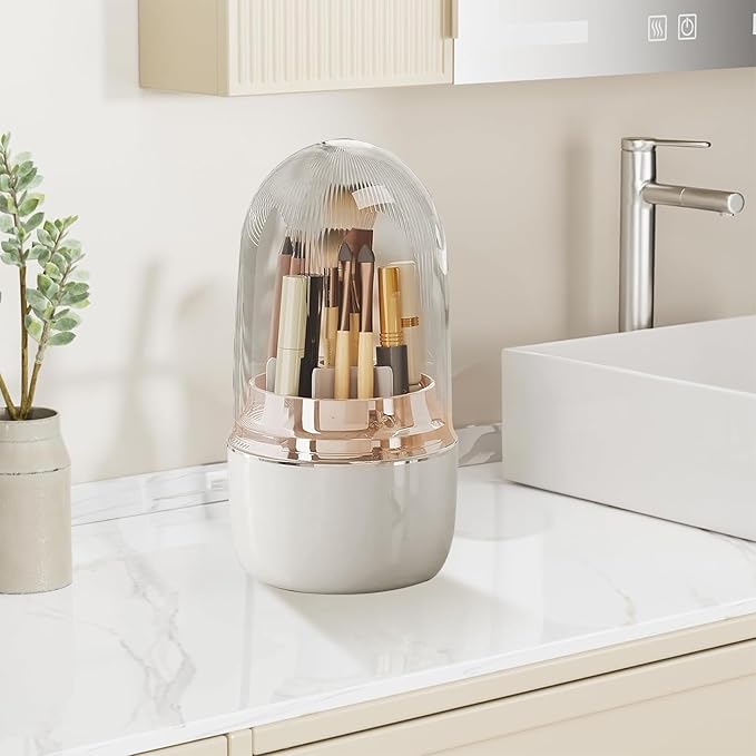 360° Rotating Toothbrush Holder with Cover, 7-Slot Bathroom Organizer for Electric Toothbrush, Toothpaste, Razors, Draining Water, Countertop Vanity Storage