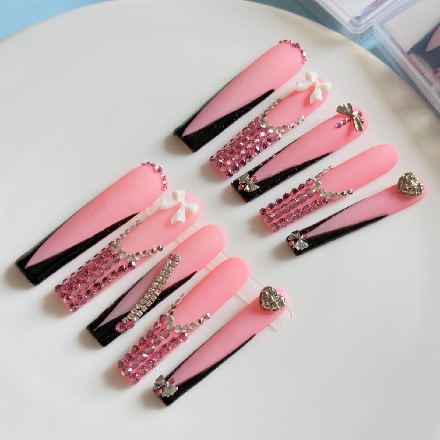 Haozerart Extra Press On Nails Handmade XXL Long Square Press ons Black V French Tip with Bow & Luxury Rhinestones, 10 Pcs M Size Nail Kit for Women