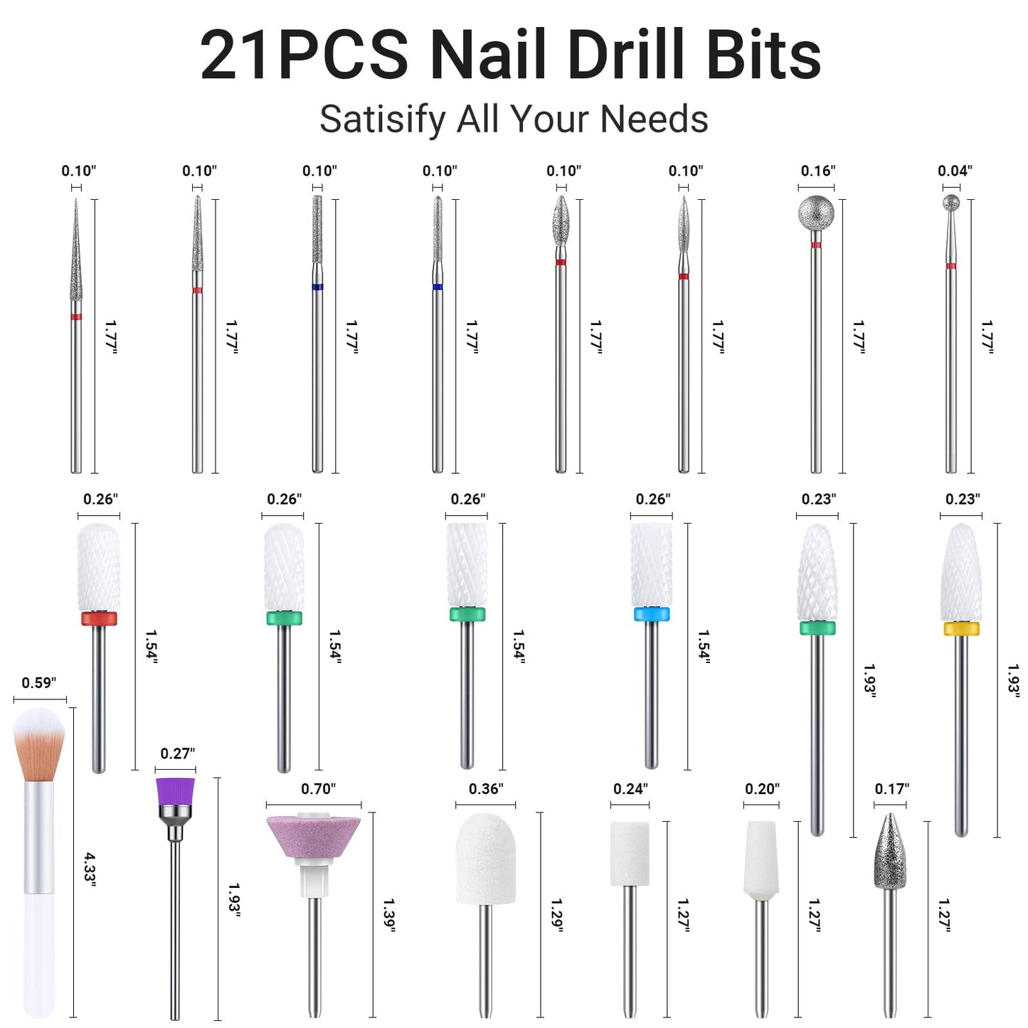 MelodySusie 21pcs Nail Drill Bit Set with Portable Holder Case, 3/32'' Ceramic Diamond Carbide Acrylic Gel Nail Art Tool Kit, Cuticle Remover Bit for Acrylic Dip Powder, Manicure Pedicure, Salon Home