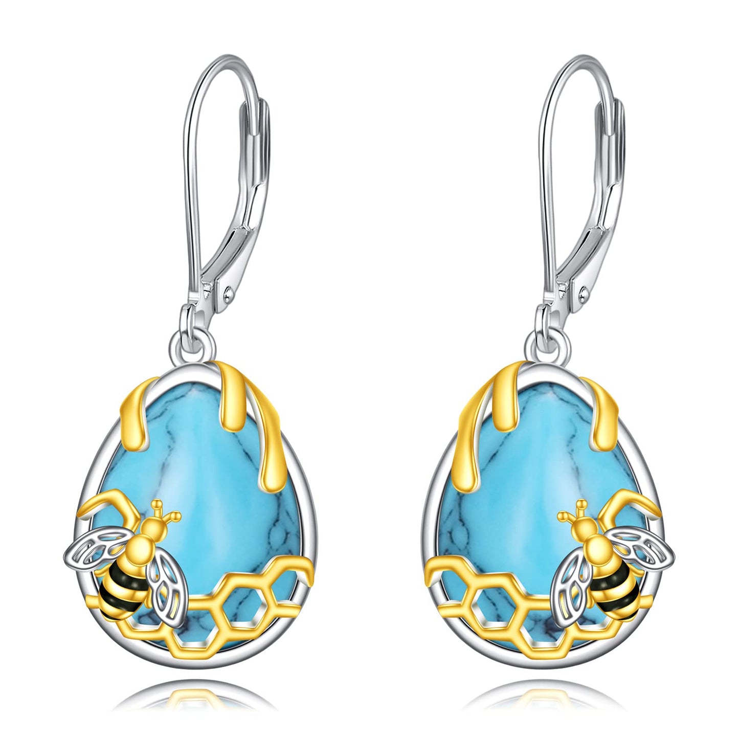 YFN Honeycomb Bee Turquoise Earrings 925 Sterling Silver Teardrop Dangle Hypoallergenic Leverback Earring for Women