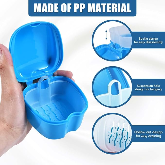 2 Pack Colors Denture Bath Case Cup Box Holder Storage Soak Container with Strainer Basket for Travel Cleaning (Light Blue and Black)