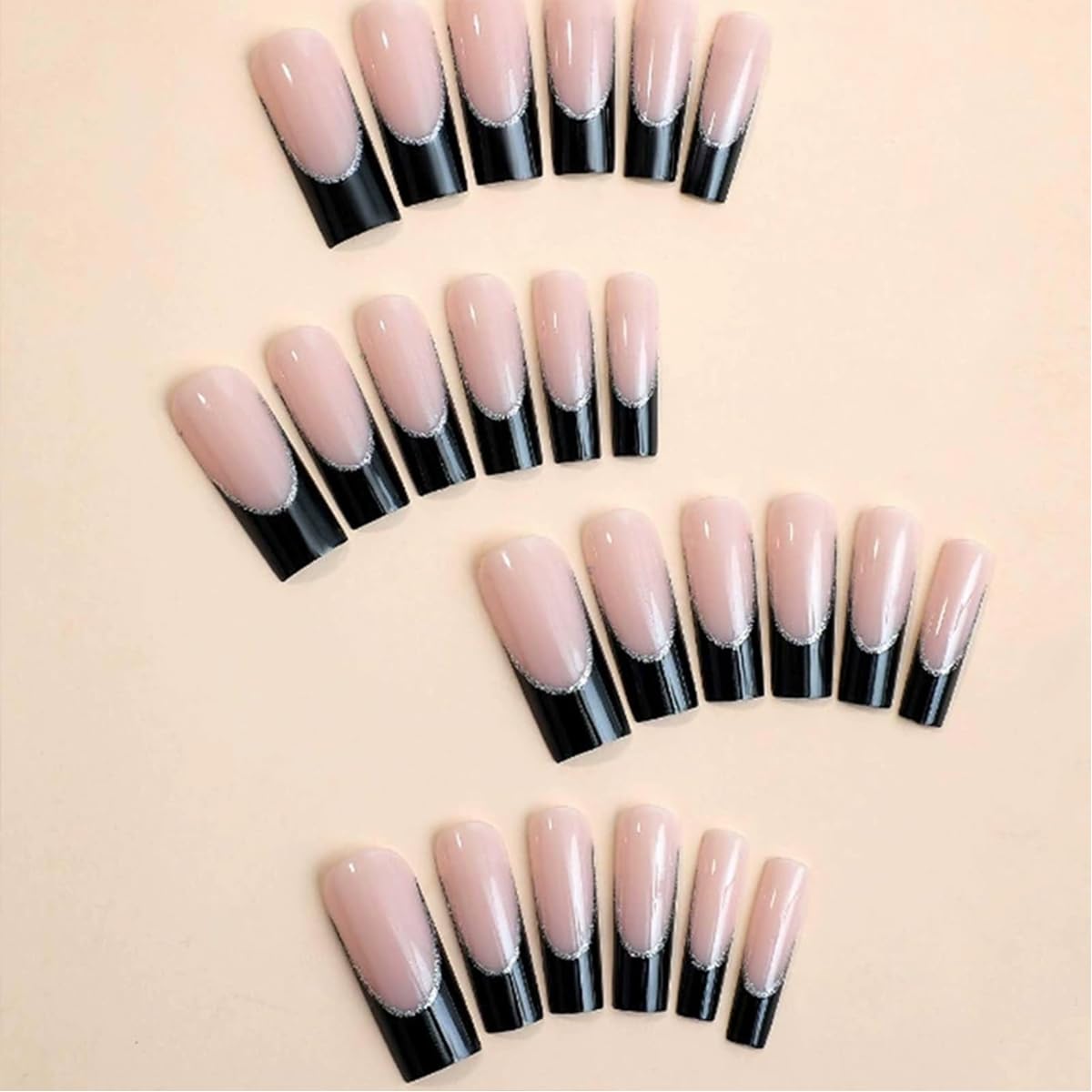 120 Pcs French Tip Press on Nails Long Square Fake Nails Black Tip False Nails with Designs Silver Glitter Line Glossy Glue on Nail Reusable Full Cover Acrylic Nails Stick on Nail for Women Manicure