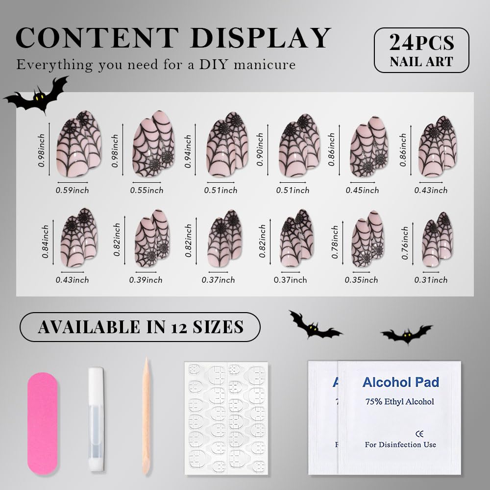 Nude Pink Halloween Press on Nails Short Almond with Cobweb Designs, Short Almond Artificial Fake Nails with Spider Web Design, Perfectly Fit Full Cover Glossy Stick on Ghost Nail for Women Girls