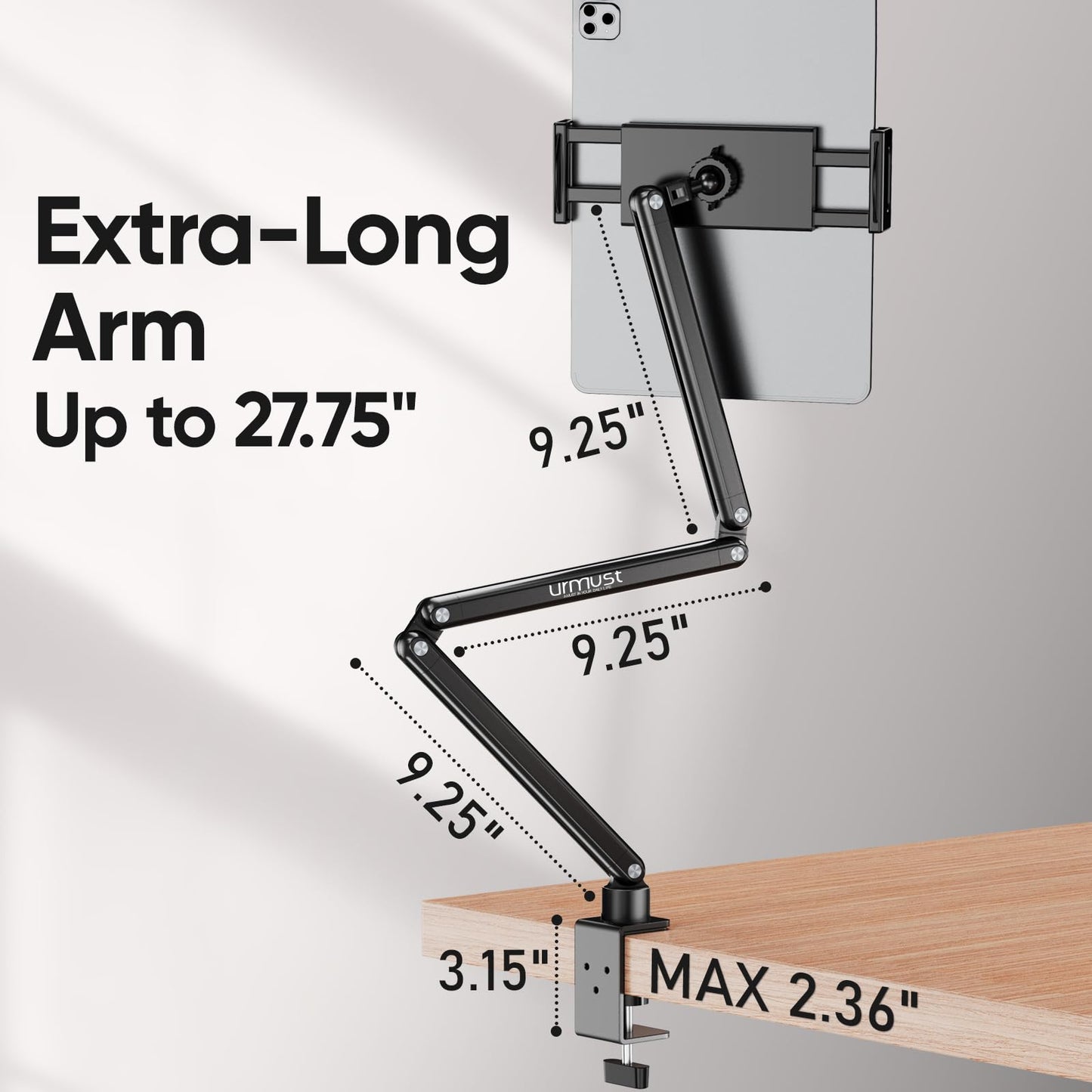 Urmust Tablet Stand for Desk, Adjustable iPad Holder for Bed, 360° Rotation, Sturdy Aluminum Tablet Arm Mount for 4.7"-15.6" iPad Pro/Air/Mini, iPhone, Galaxy Tab, for Kitchen, Work, Video Call