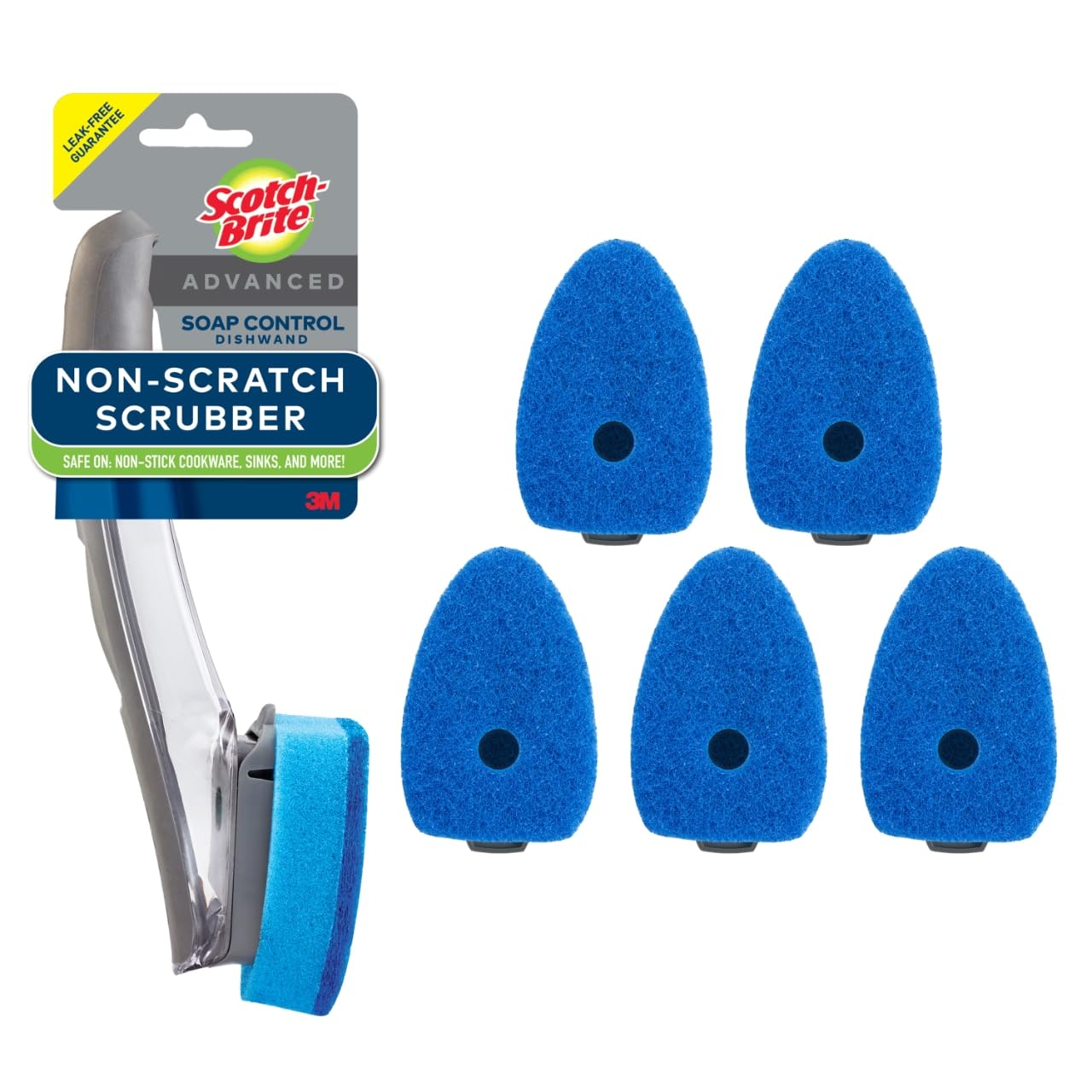 Scotch-Brite Advanced Soap Control Non-Scratch Dishwand Kit, 1 Dish Wand & 5 Sponge Refills, Prevents Soap from Leaking, Leak-Free Guarantee, Best for Nonstick Pots and Pans, Glass, Tubs, & Showers