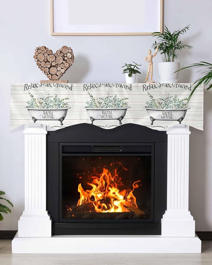 Bathtub Eucalyptus Leaves Fireplace Mantel Scarf Table Runner, Farmhouse Botanical Wooden Winter Garland Mantel Top Tablerunners Dresser Scarves Decorations for Windows Party Living Room 70''x17''