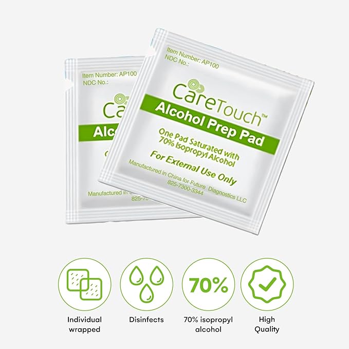 Care Touch 100-Pack Alcohol Wipes - Individually Wrapped Alcohol Prep Pads with 70% Isopropyl - Sterile 2-Ply Antiseptic Swabs for First Aid Kits, Cleaning, Travel and Everyday Use