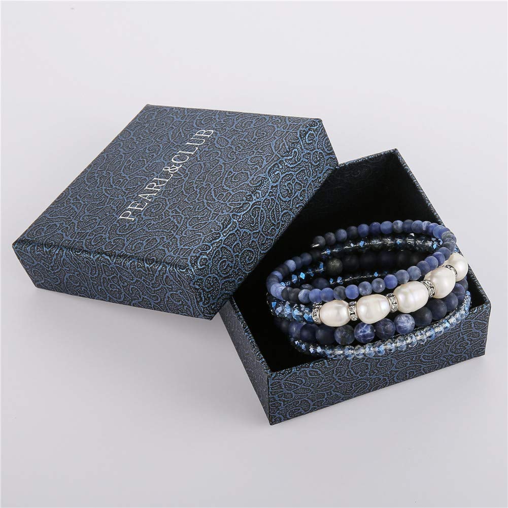 Beaded Freshwater Pearl Chakra Bracelet - Multi Strand Wrap Bracelet with Natural Crystal Agate Beads, Birthday Gifts for Women(29-Navy Blue)