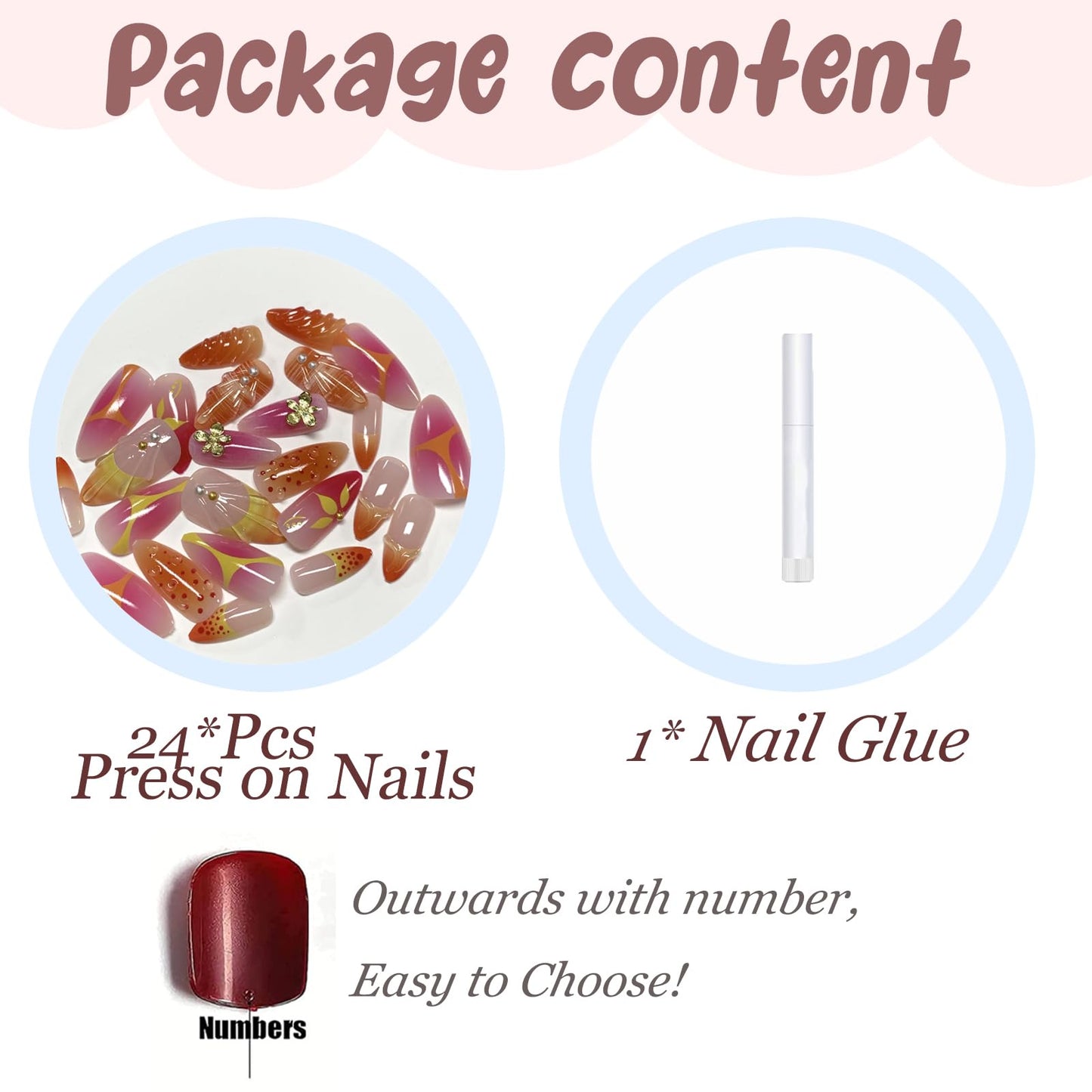 BABALAL Press On Nails, Medium Almond Fake Nails, Sunset Orange Pink Marble with Gold Flower Charm, Glossy Summer Tropical Glue On Nails for Women and Girls 24Pcs Reusable