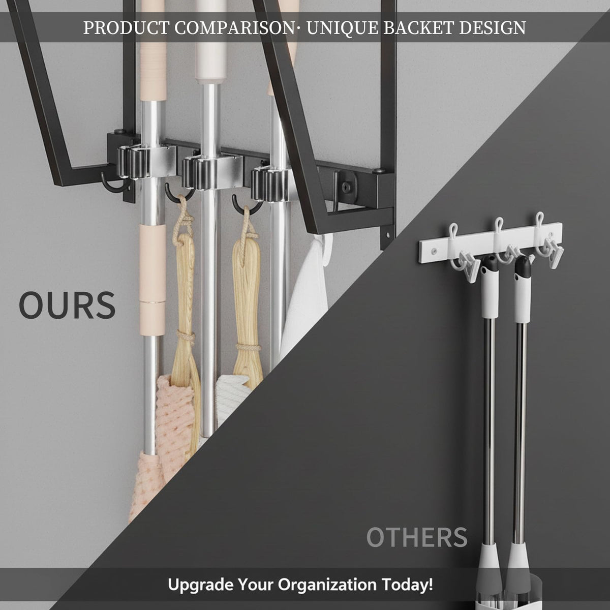 Broom Holder Wall Mount with 3 Storage Slots & 4 Utility Hooks