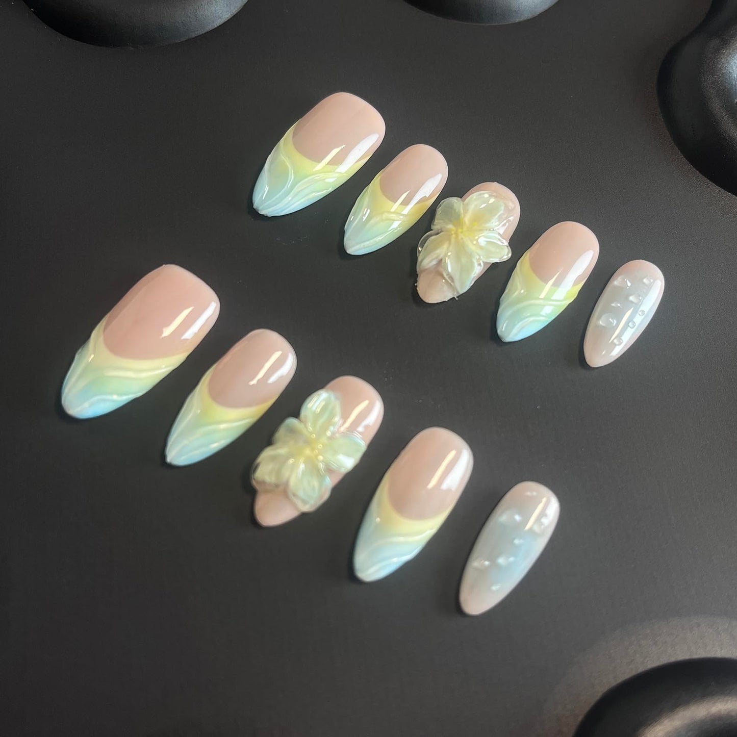 Luxury Press on Nails Medium Almond Handmade 3D Unique Reusable ABS Material Fake Nails Blue&Yellow False Nails with Designs Flower Water Drop Art Petal Glossy Glue on Thick Acrylic Nails(M)