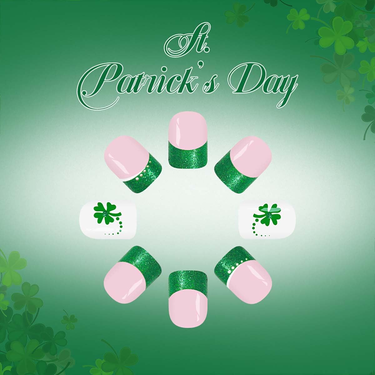 24Pcs St. Patrick's Day Press on Nails Short Square French Tip Fake Nails with Shamrock Designs Full Cover False Nails Green Glitter Acrylic Glue on Nails for Women DIY Saint Patrick nail Decoration