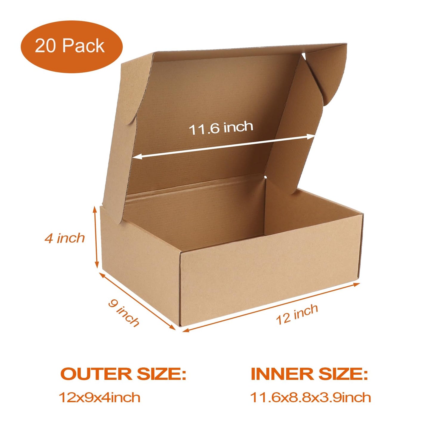PHAREGE 12x9x4 inch Shipping Boxes Bulk 20 Pack Brown, Tab Lock Tuck Top Mailer Boxes for Packaging Small Business, Medium Cardboard Gift Boxes for Wrapping Mailing Present