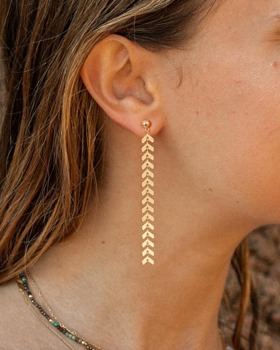 PRTGL Dangle Earrings - 14K Gold Plated Fishbone Wheat Design Long Dangle Earrings for Women