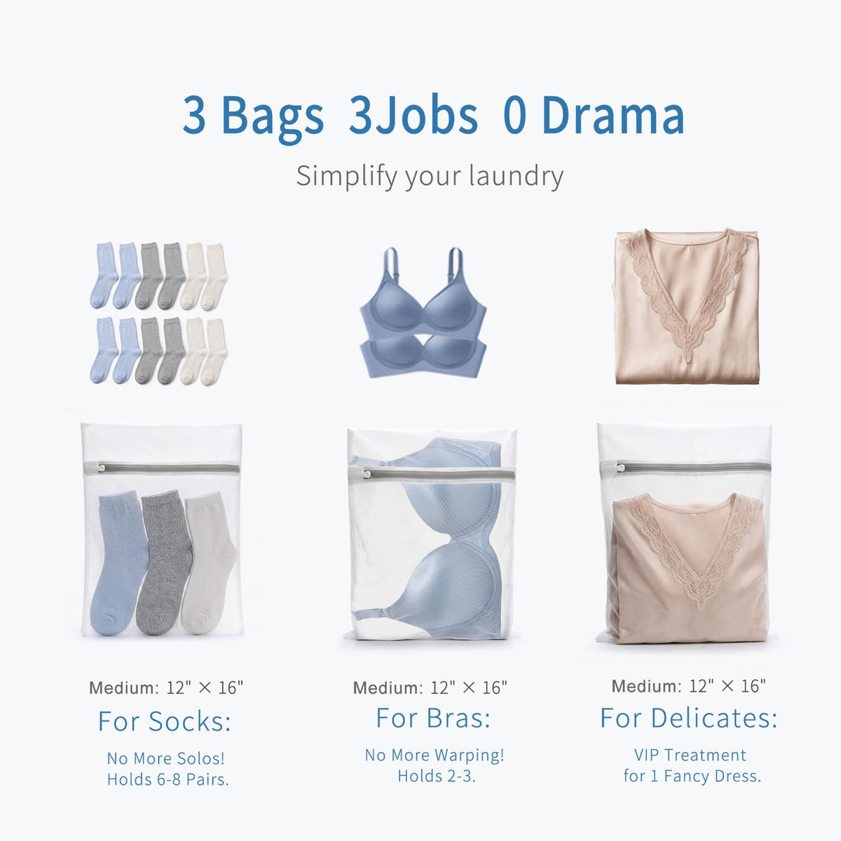 3Pcs Durable Fine Mesh Laundry Bags for Delicates 12 x 16 Inches (3 Count)