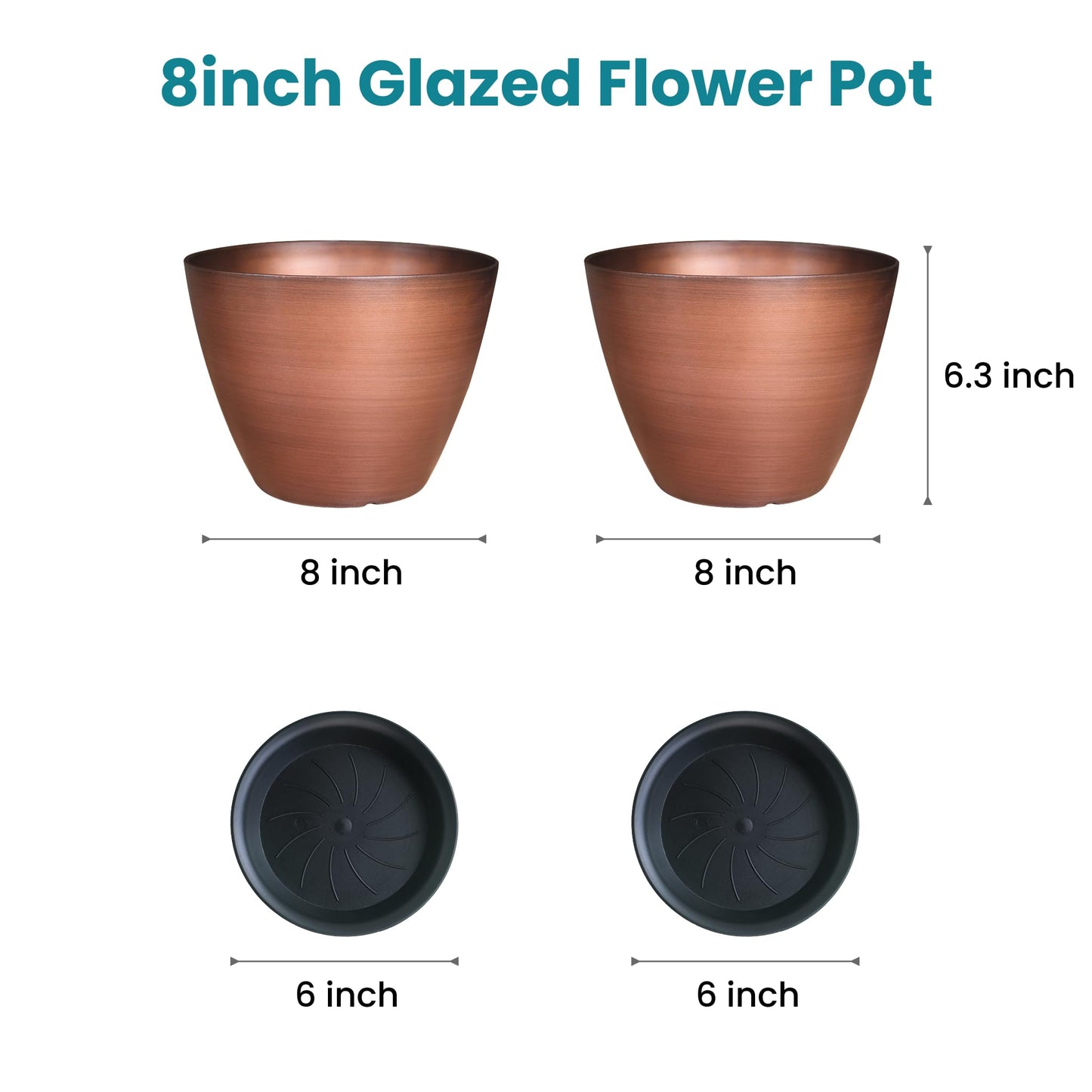 Vanslogreen 2 Pack Plastic Plant Pots with Drainage Holes, 8 inch Planter for Indoor Outdoor Plant, Garden Flower Pots for Aloe, Herbs, Cactus (Brushed Copper, 2pcs)