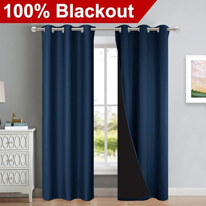 NICETOWN Complete 100% Blackout Curtain Set, Thermal Insulated & Energy Efficiency Window Draperies for Guest Room, Full Shading Panels for Shift Worker and Light Sleepers, Navy Blue, 42W x 84L, 2 Pcs