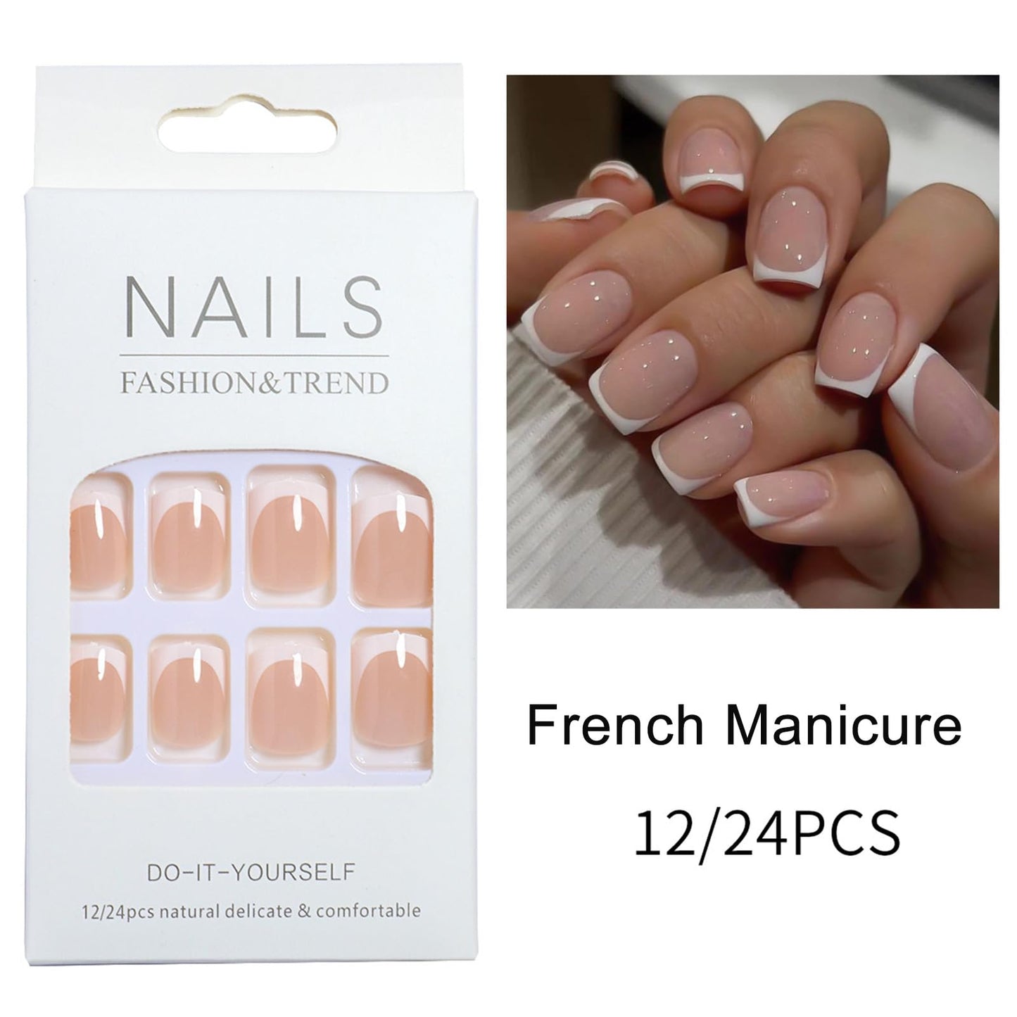 White French Tip Press On Nails Short Square Fake Nails Press ons Nude Glossy False Nails Reusable Acrylic Stick On Nails for Women Daily Home Office, 24 Manicure Kit with Adhesive Tabs