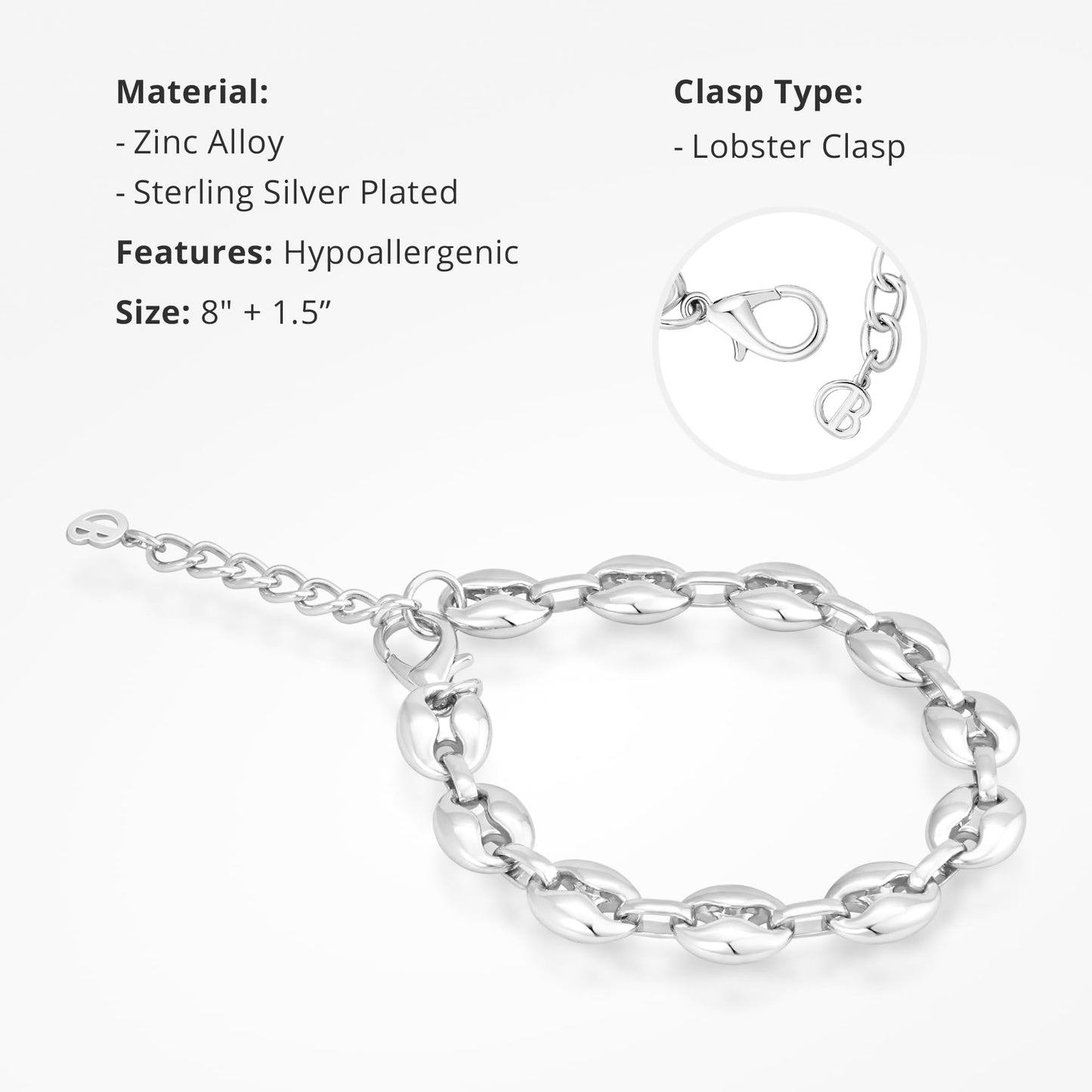 COBI Chunky Bracelets for Women, Paperclip Bracelets, Coffee Bean Chunky Link Bracelet, 18K Gold & Sterling Silver Plated, Stackable Thick Large Punk Jewelry-Coffee Bean Silver