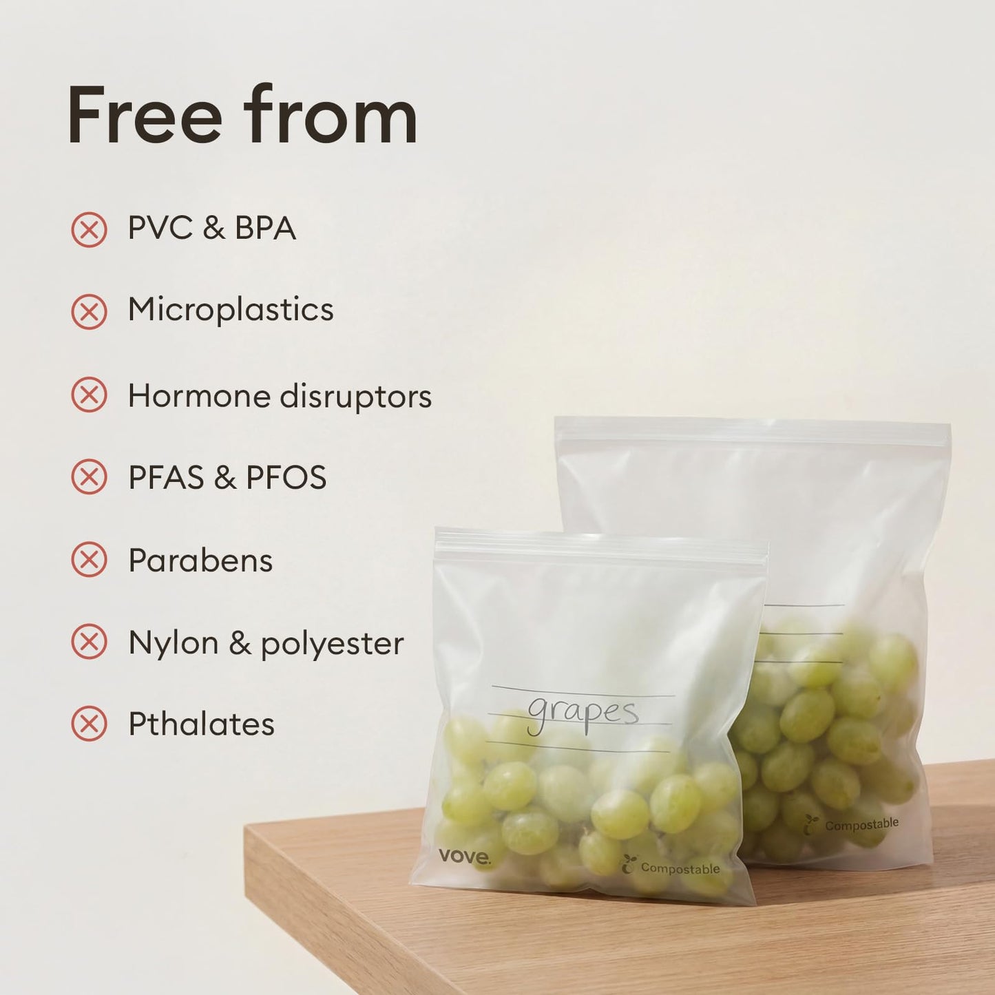 Vove Compostable Snack Bags 50 Ct – PFAS-Free, BPI Certified, Freezer Safe with Airtight Seal for Snacks & School Lunches, Plant-Based