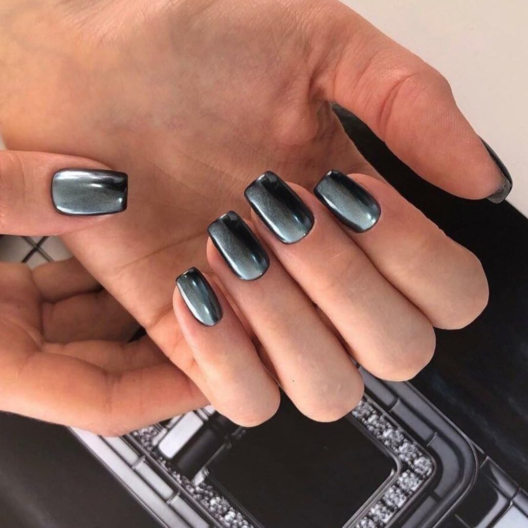 KQueenest Smoky Grey Press on Nails Medium Almond&Black Chrome Press on Nails Short Medium Square For Beach Party Daily Decoration in 48 PCS