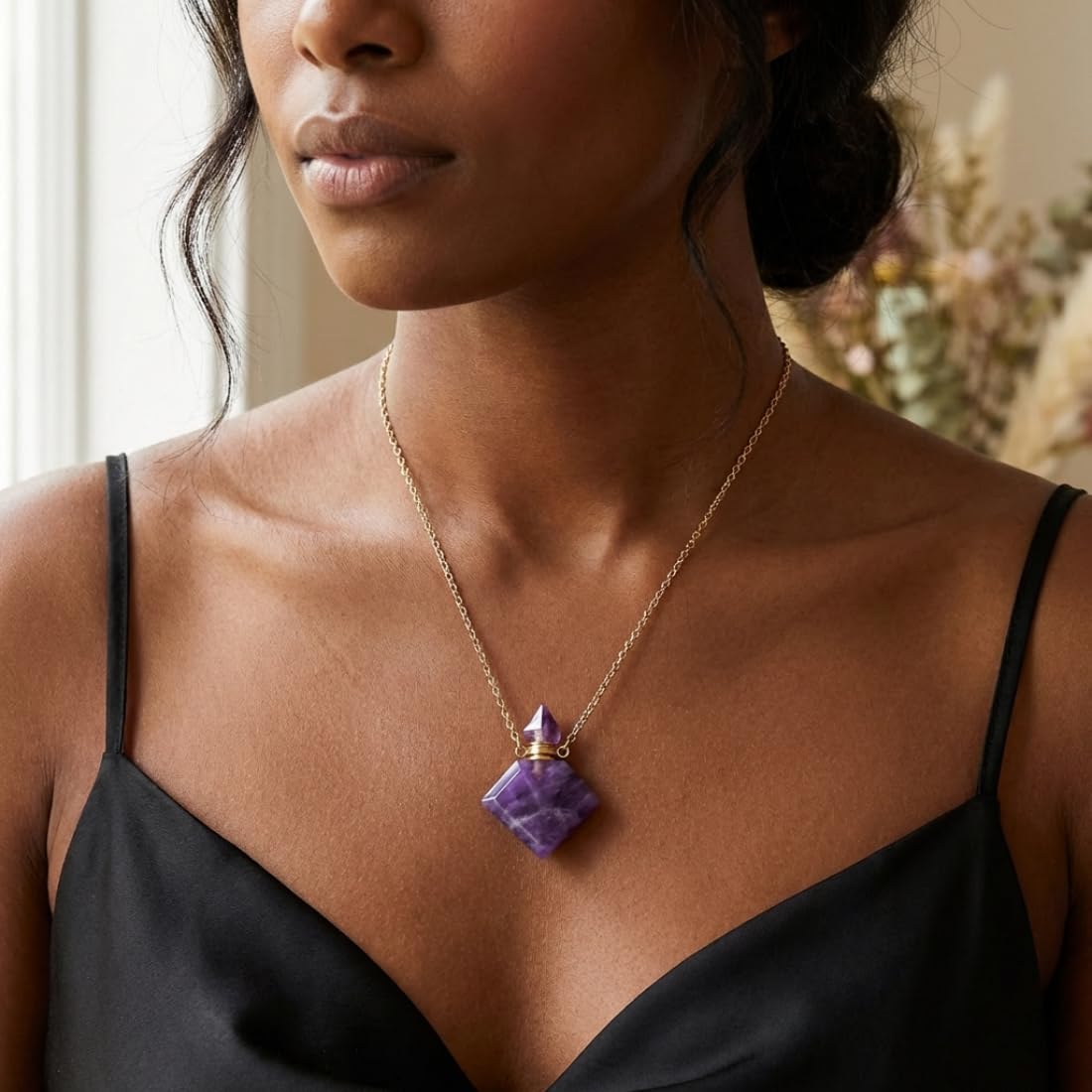 YGLINE Crystal Necklaces Faceted Crystal Stone Perfume Bottle Pendant for Women Diffuser Necklaces