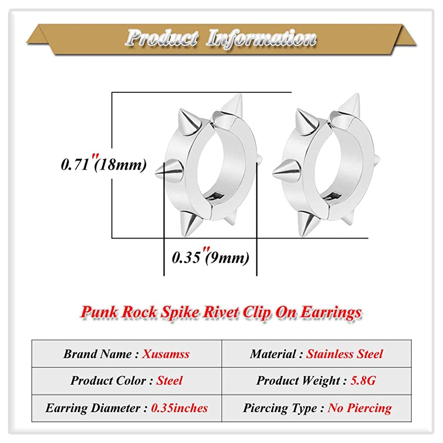 Xusamss Punk Jewelry Stainless Steel Spike Rivet Ear Clip Earrings